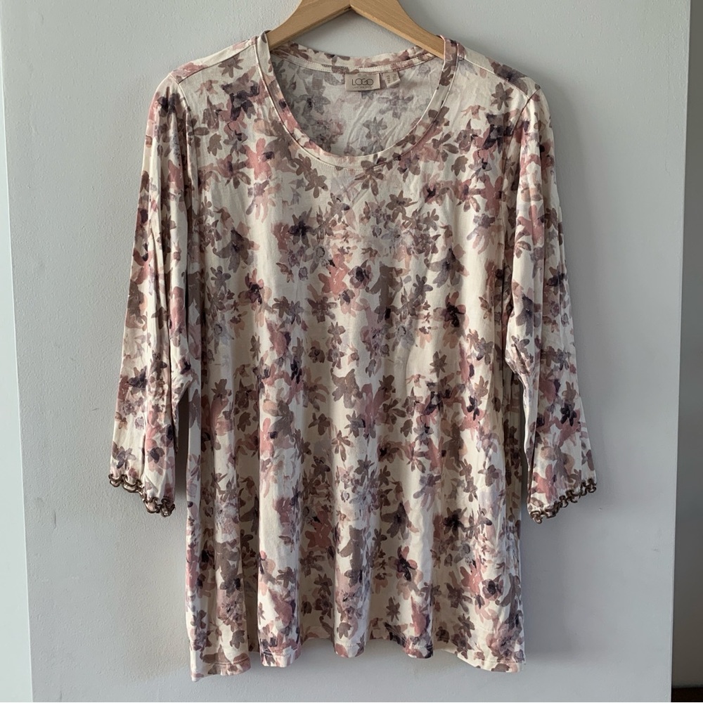 Floral Shirt Ruffle Sleeve Top Beige Pink Womens Size 1X LOGO Lori Goldstein